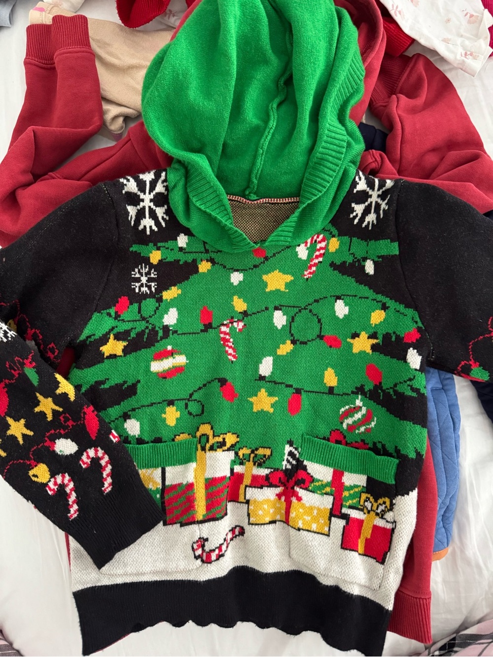 Green Hooded Christmas Tree Sweater with Presents